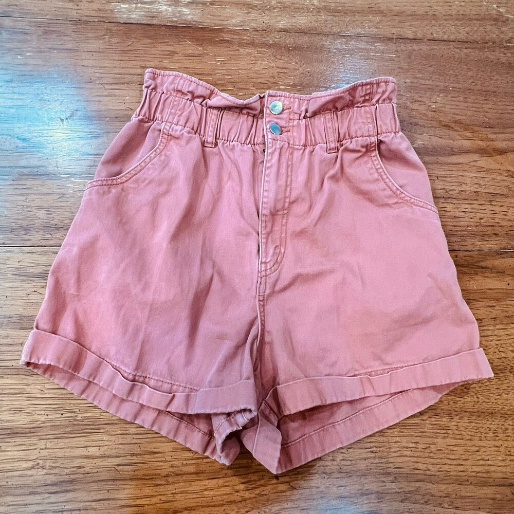 HM Womens Size 8 Mauve Paperbag Shorts Twill Cotton High Rise Elastic Waist